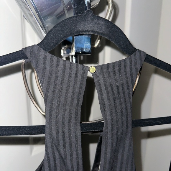 NWT BEBE Black Pinstripe Surplice Halter Top with Gold Neck Detail size Small - Picture 2 of 7